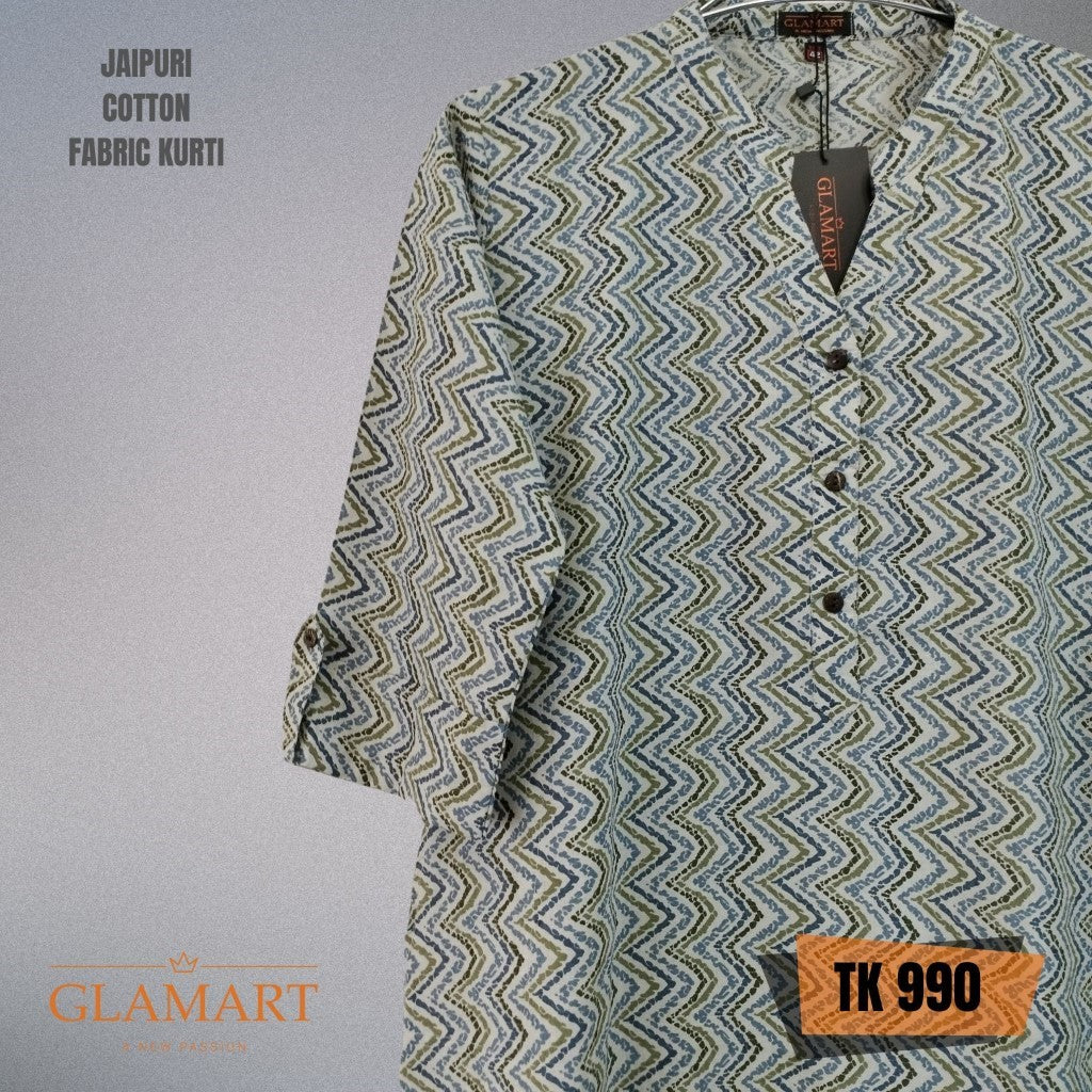 Jaipuri Cotton Long Kurti – Light Grey Base Olive & Blue Geometric Zig-Zag Print