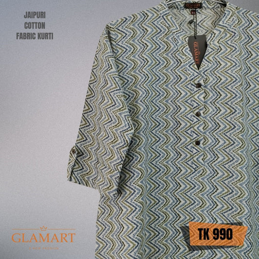 Jaipuri Cotton Long Kurti – Light Grey Base Olive & Blue Geometric Zig-Zag Print