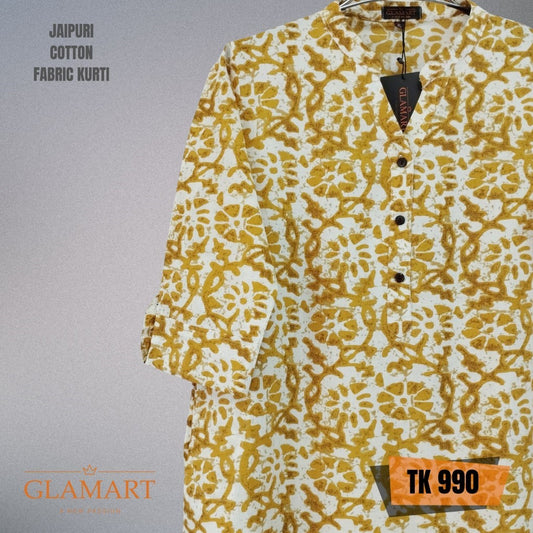 Jaipuri Cotton Long Kurti – Mustard Yellow & White Floral Vine Print