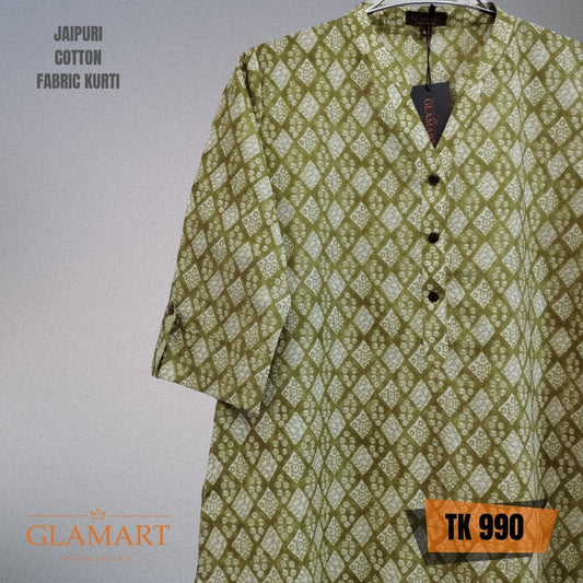 Jaipuri Cotton Long Kurti – Moss Green & White Diamond Bandhani Print