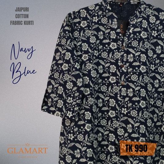 Jaipuri Cotton Long Kurti – Navy Blue & White Floral Print