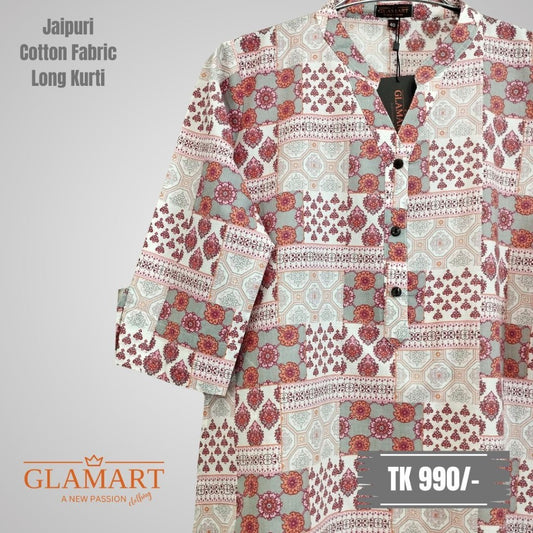 Jaipuri Cotton Long Kurti – White Peach & Grey Patchwork Print