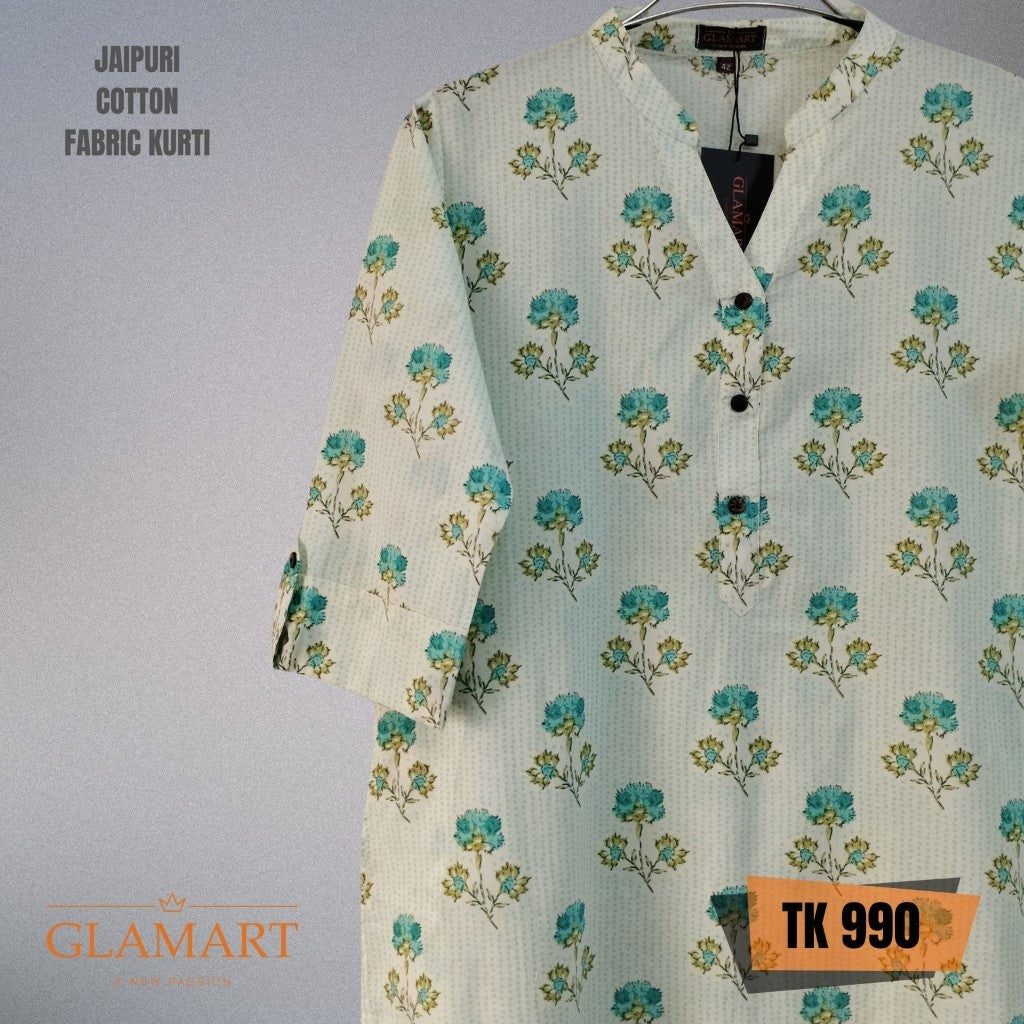 Jaipuri Cotton Long Kurti – Off-White & Teal Floral Bouquet Print