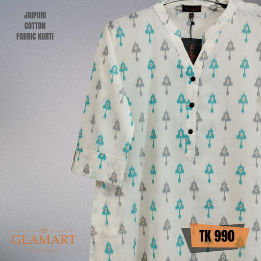Jaipuri Cotton Long Kurti – Off-White with Teal & Grey Ikat-Style Motif Print