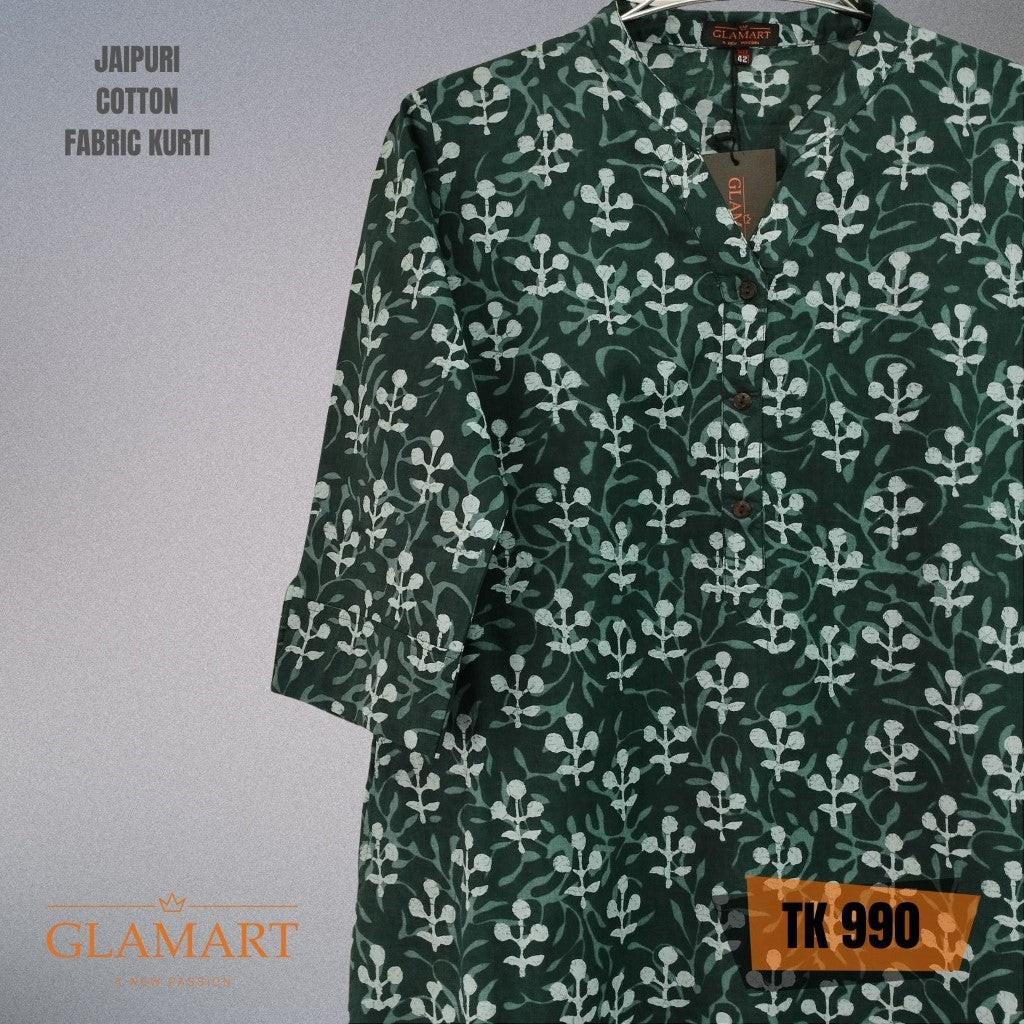 Jaipuri Cotton Long Kurti – Deep Forest Green with White Bud & Leaf Print