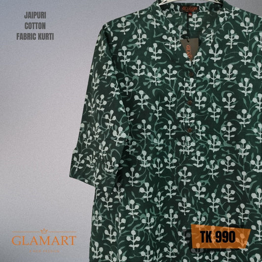 Jaipuri Cotton Long Kurti – Deep Forest Green with White Bud & Leaf Print