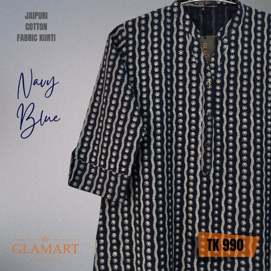 Jaipuri Cotton Long Kurti – Navy Blue with White Vertical Floral Vine Print