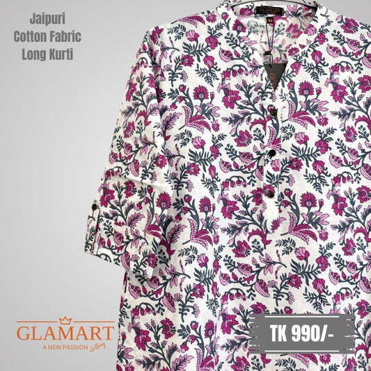Jaipuri Cotton Long Kurti – White with Magenta & Charcoal Floral Bloom Print