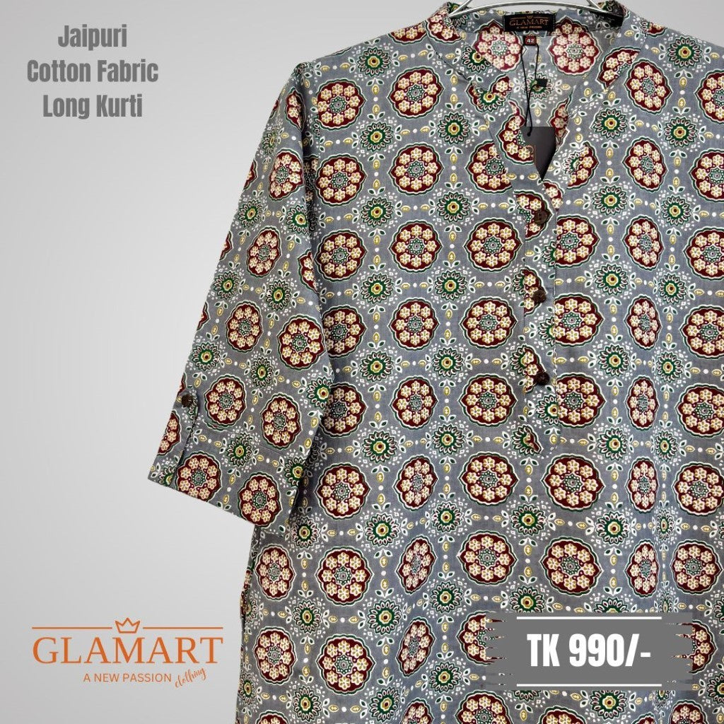 Jaipuri Cotton Long Kurti – Grey with Maroon & Green Medallion Print