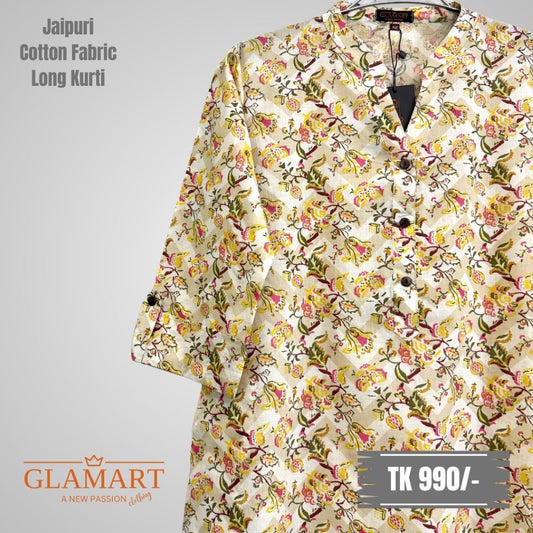 Jaipuri Cotton Long Kurti – Cream with Yellow & Pink Chevron Floral Print