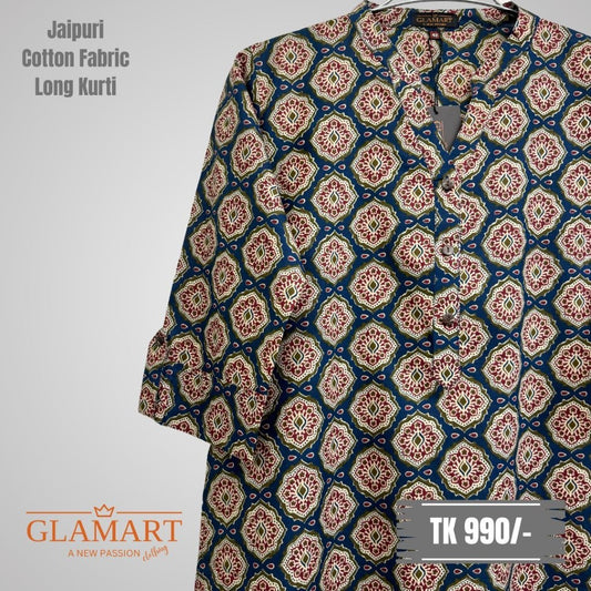 Jaipuri Cotton Long Kurti – Midnight Blue with Maroon & Beige Ornate Medallion Print