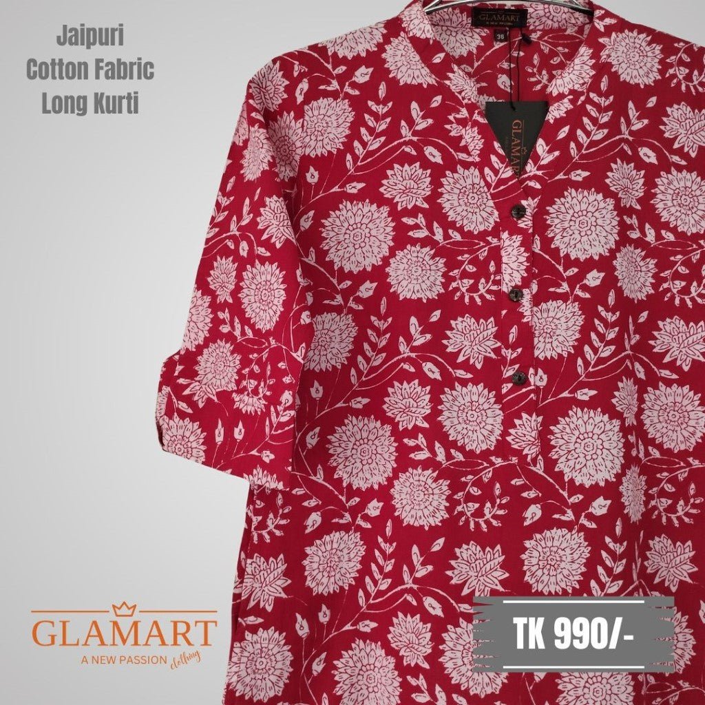 Jaipuri Cotton Long Kurti - Maroon Red Floral Bloom