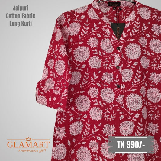 Jaipuri Cotton Long Kurti - Maroon Red Floral Bloom
