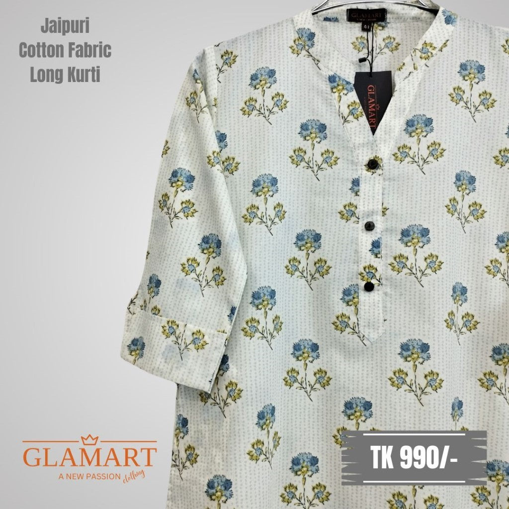 Jaipuri Cotton Long Kurti - Off-White & Blue Floral Boota