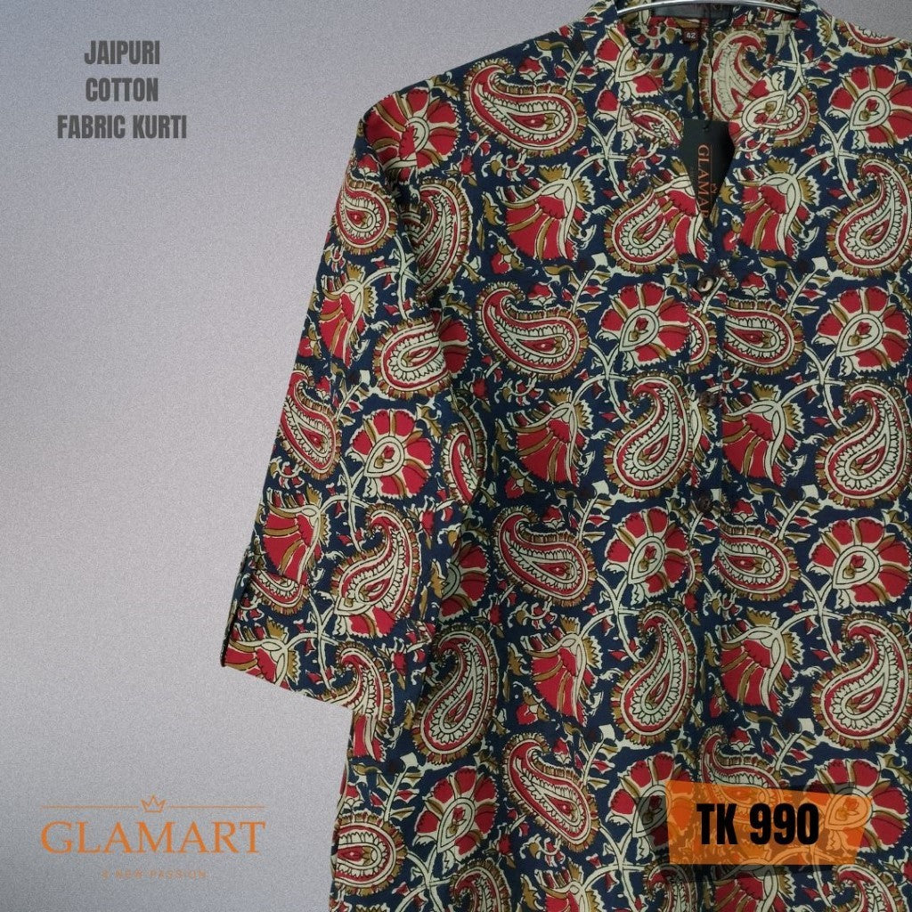 Jaipuri Cotton Long Kurti - Navy Blue & Red Paisley