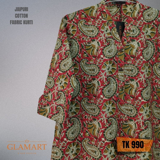 Jaipuri Cotton Long Kurti - Red & Olive Green Paisley