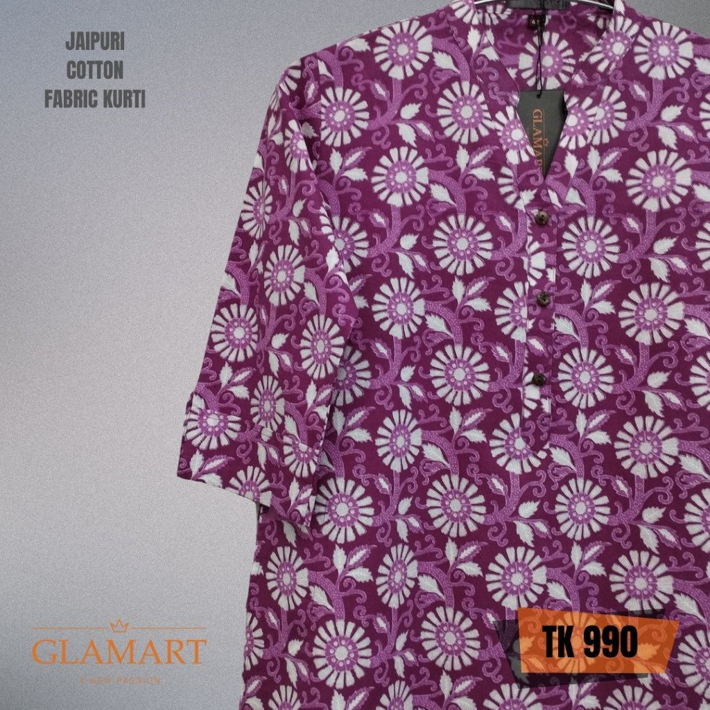 Jaipuri Cotton Long Kurti – Purple & White Floral Vine