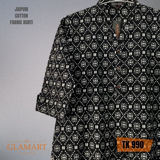Jaipuri Cotton Long Kurti – Black & White Tribal Geometric