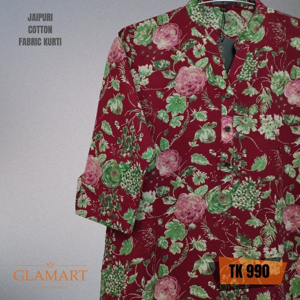 Jaipuri Cotton Long Kurti – Wine Red Bouquet Floral