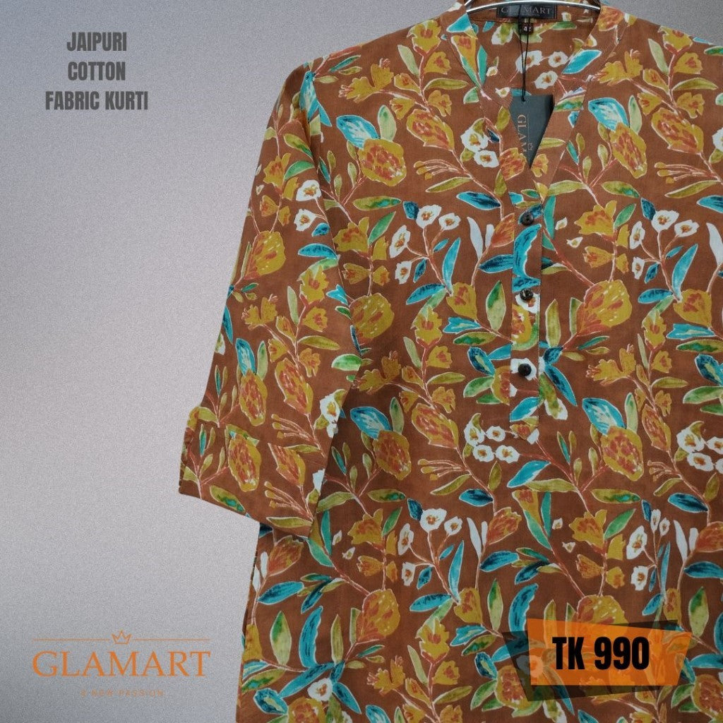 Jaipuri Cotton Long Kurti – Toffee Brown Floral Garden