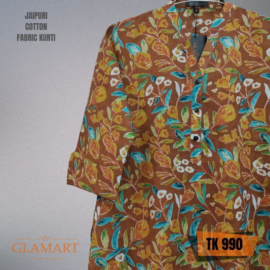 Jaipuri Cotton Long Kurti – Toffee Brown Floral Garden