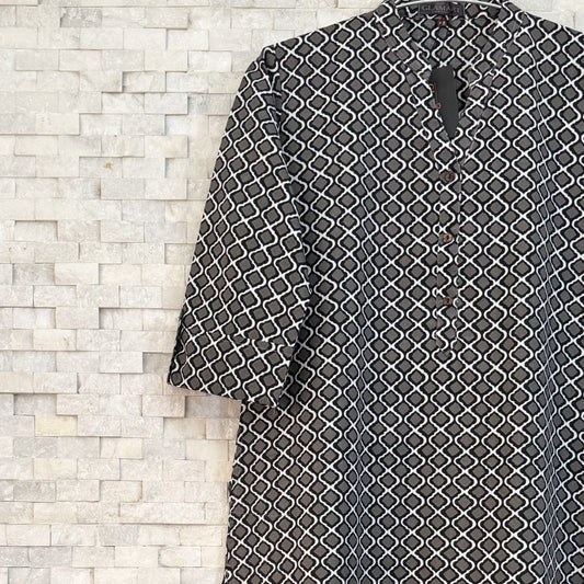 Jaipuri Cotton Long Kurti – Black & Grey Lattice Geometric