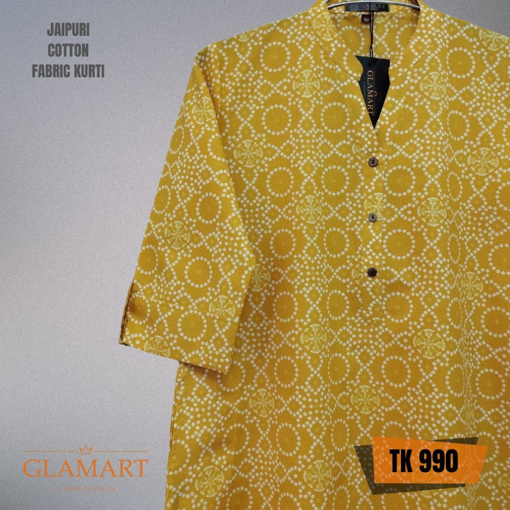 Jaipuri Cotton Long Kurti – Yellow Bandhani Print
