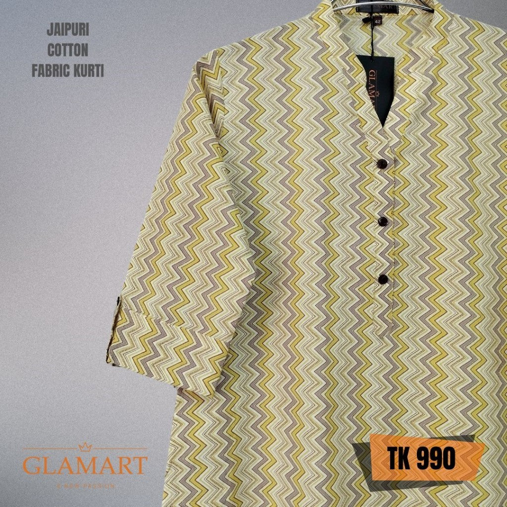 Jaipuri Cotton Long Kurti – Pastel Yellow & Grey Chevron Zig-Zag