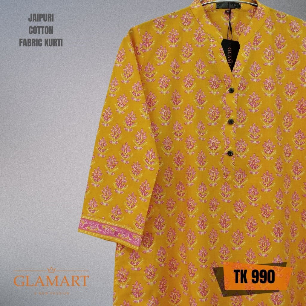 Jaipuri Cotton Long Kurti – Yellow & Pink Floral Boota