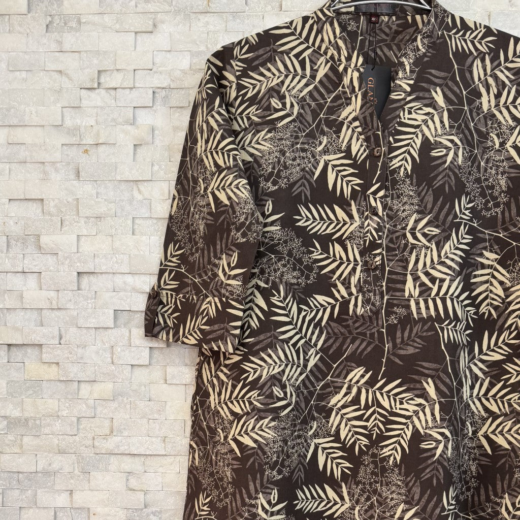 Jaipuri Cotton Long Kurti – Coffee Brown with Cream Fern Leaf Print
