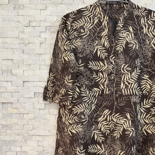 Jaipuri Cotton Long Kurti – Coffee Brown with Cream Fern Leaf Print