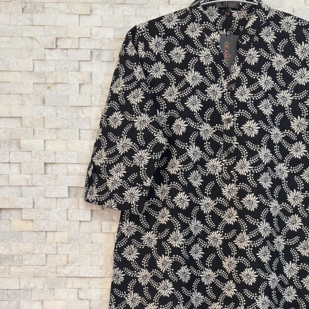 Jaipuri Cotton Long Kurti – Black & White Floral Vine Print