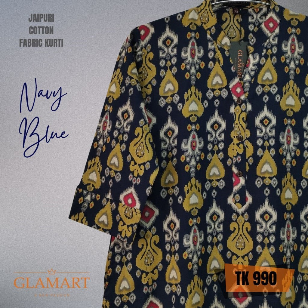 Jaipuri Cotton Long Kurti – Navy Blue Traditional Ikat Print