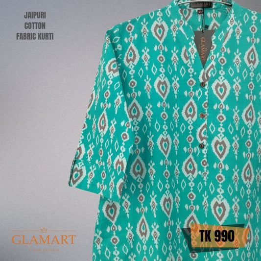 Jaipuri Cotton Long Kurti – Aqua & Grey Ikat Motif