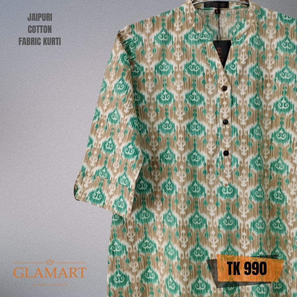 Jaipuri Cotton Long Kurti – Beige & Emerald Green Ikat Print