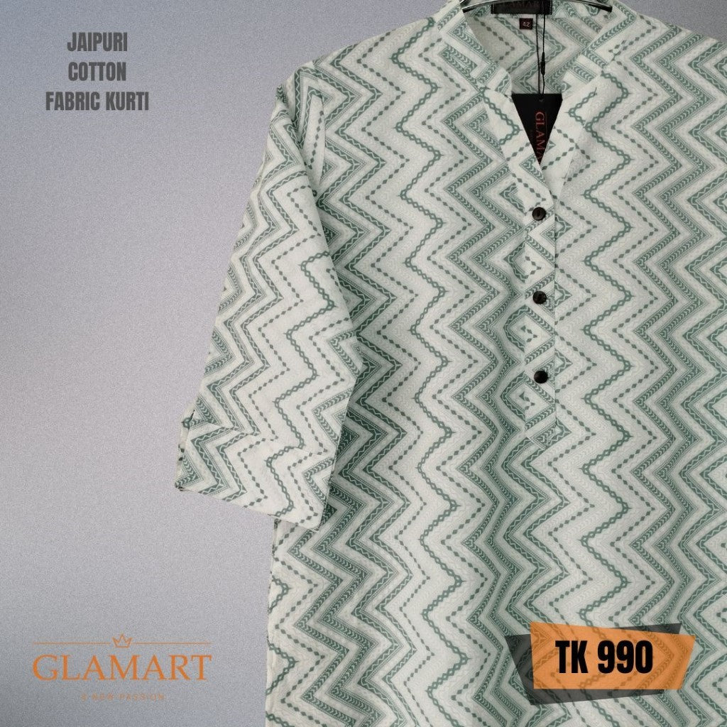 Jaipuri Cotton Long Kurti – White & Sage Green Zigzag Print