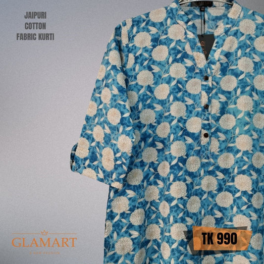Jaipuri Cotton Long Kurti – Ocean Blue & Cream Marigold Print