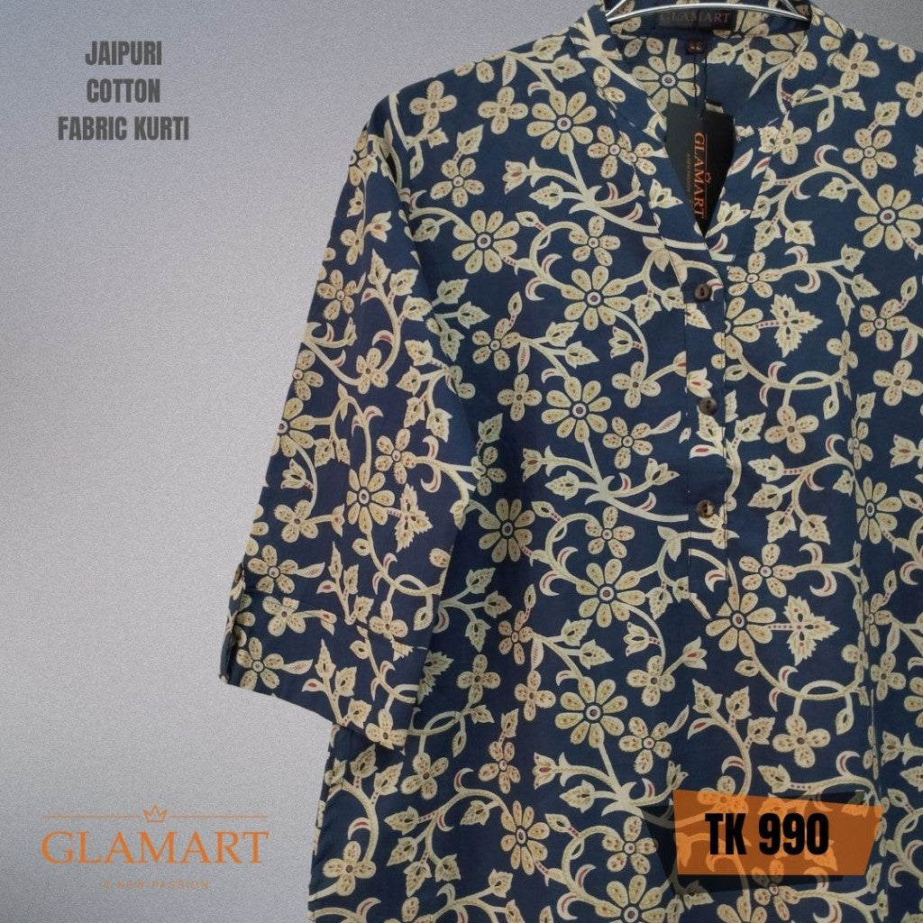 Jaipuri Cotton Long Kurti – Deep Indigo Blue & Beige Floral Vine Print