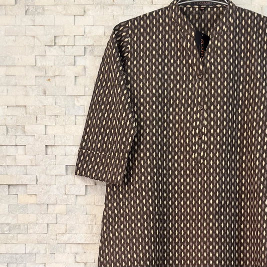 Jaipuri Cotton Long Kurti – Dark Coffee Brown & Beige Diamond Ikat Print