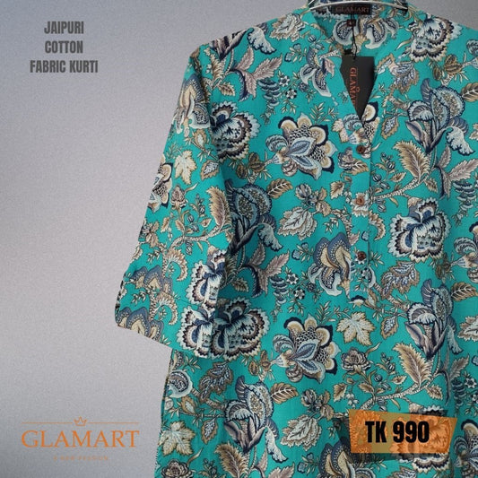 Jaipuri Cotton Long Kurti – Turquoise Blue & Beige Floral Vine Print