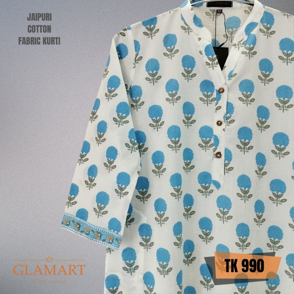 Jaipuri Cotton Long Kurti – White & Sky Blue Marigold Butti Print
