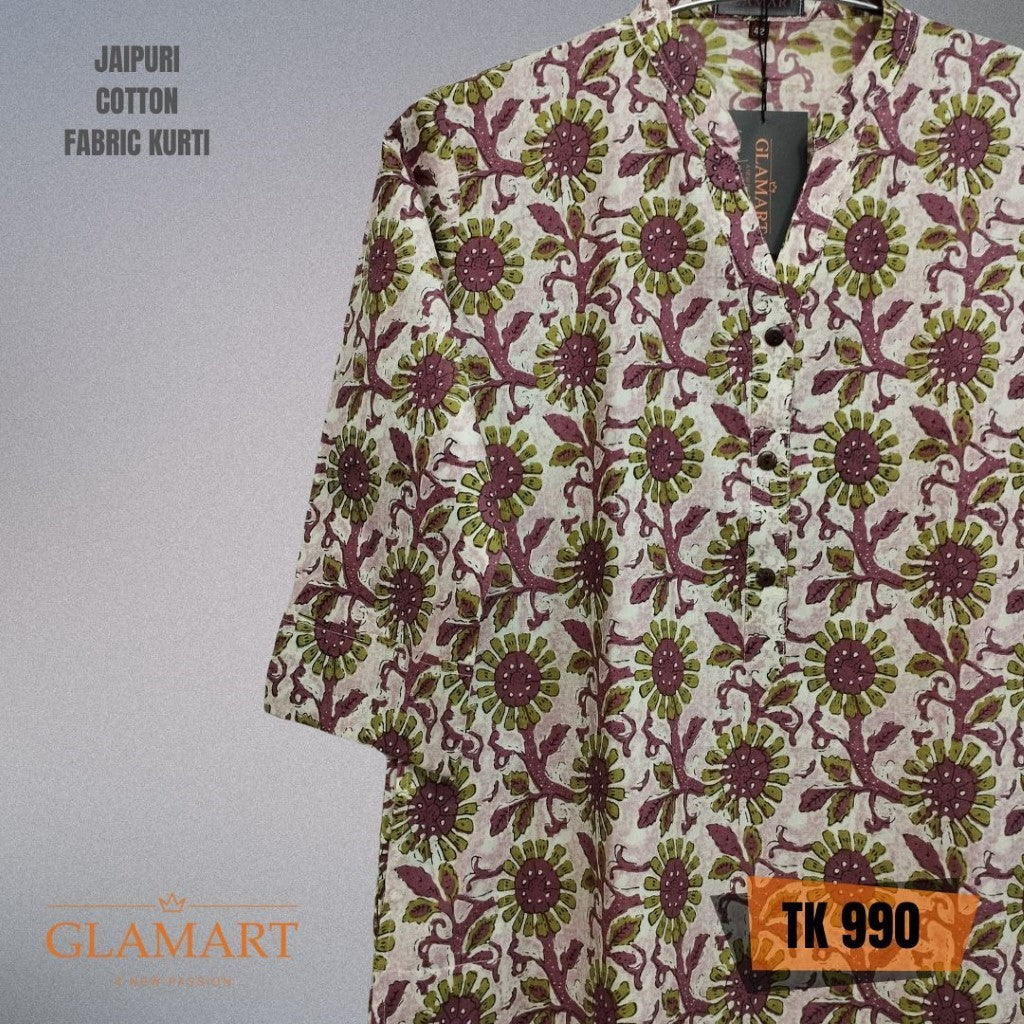 Jaipuri Cotton Long Kurti – Off-White & Mauve Floral Sunflower Print