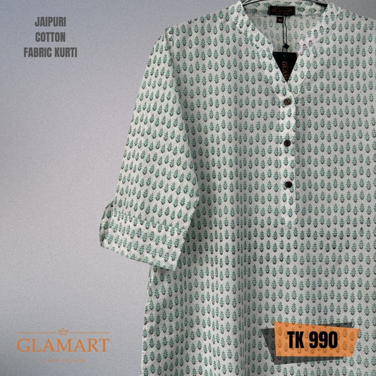 Jaipuri Cotton Long Kurti – White & Seafoam Green Leaf Butti Print
