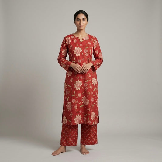 Jaipuri Cotton Long Kurti Co-ord Set - Deep Red & Floral Print