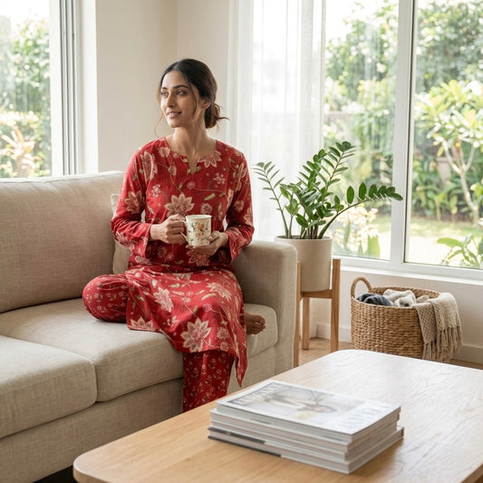 Jaipuri Cotton Long Kurti Co-ord Set - Deep Red & Floral Print