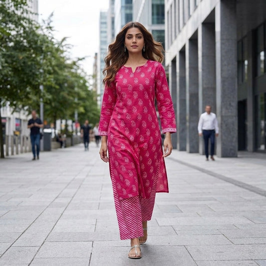 Jaipuri Cotton Long Kurti Co-ord Set - Pink Paisley & Ripple Print