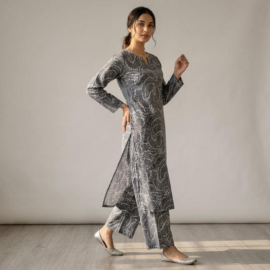 Jaipuri Cotton Long Kurti Co-ord Set - Grey & White Wavy Print