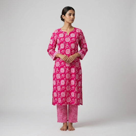 Jaipuri Cotton Long Kurti Co-ord Set - Pink Floral & Ripple Print