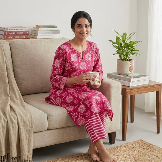 Jaipuri Cotton Long Kurti Co-ord Set - Pink Floral & Ripple Print