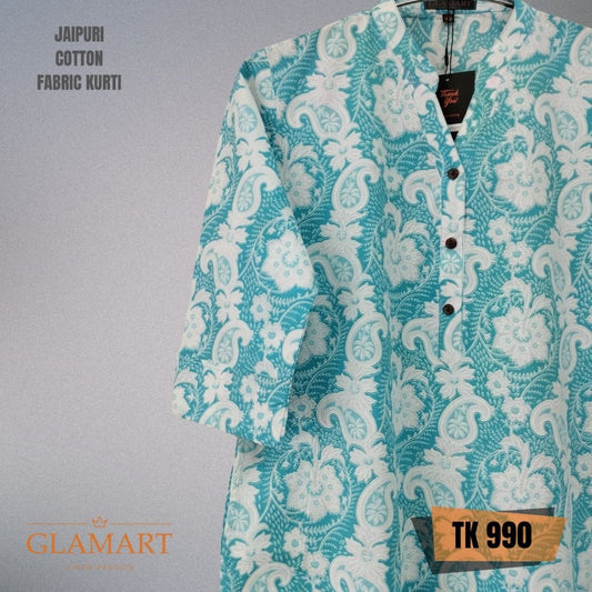 Jaipuri Cotton Long Kurti – Seafoam Blue & White Paisley Floral Print
